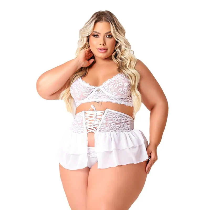Conjunto Kisses Plus com Detalhes em Renda e Sainha Tallyta Moda Apimentada
