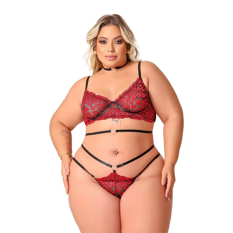 Conjunto Beijo Caliente Plus em Tule Bordado Tallyta Moda Apimentada