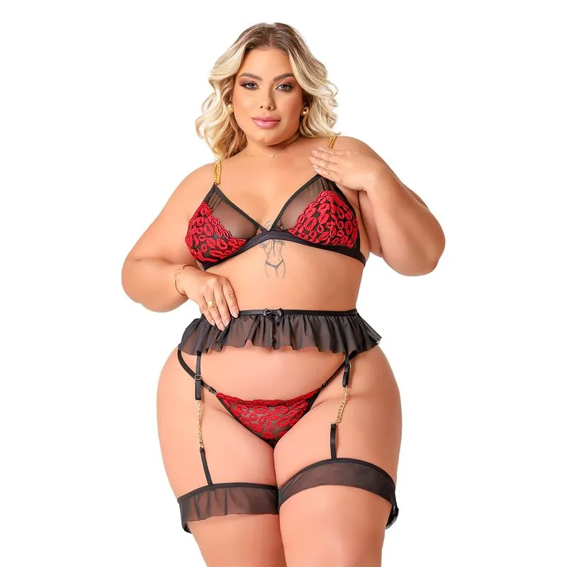 Conjunto Beijo Safado Plus em Tule Bordado Tallyta Moda Apimentada