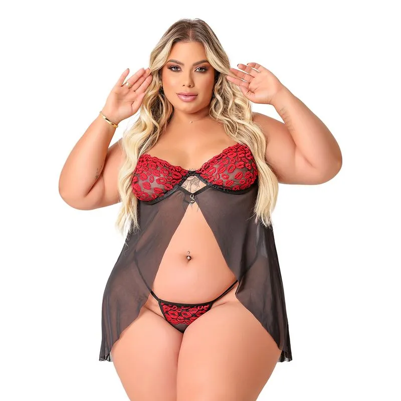 Camisola Beijo Plus em Tule com Detalhes em Renda Tallyta Moda Apimentada