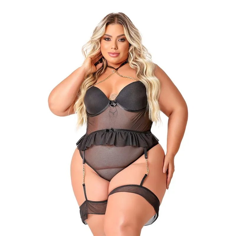 Body Beijo Provocante Plus em Tule com Cinta Liga Tallyta Moda Apimentada
