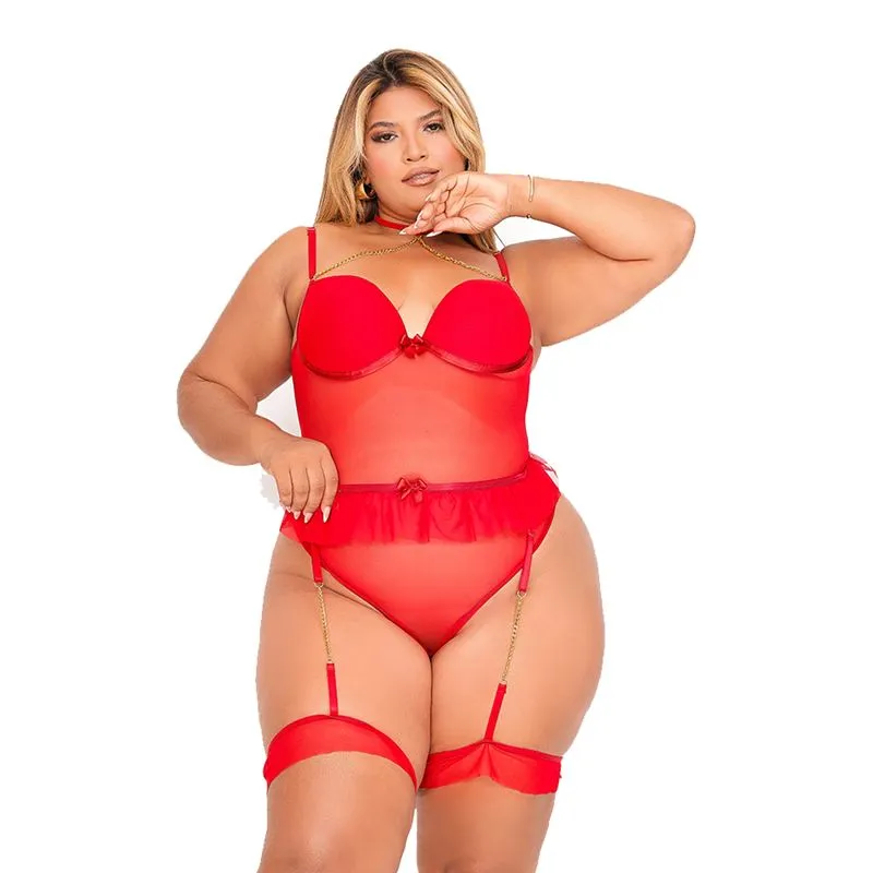 Body Beijo Provocante Plus em Tule com Cinta Liga Tallyta Moda Apimentada