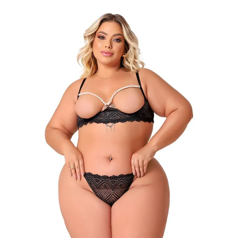 Conjunto Beije Tudo Plus Rendado com Pérolas Tallyta Moda Apimentada
