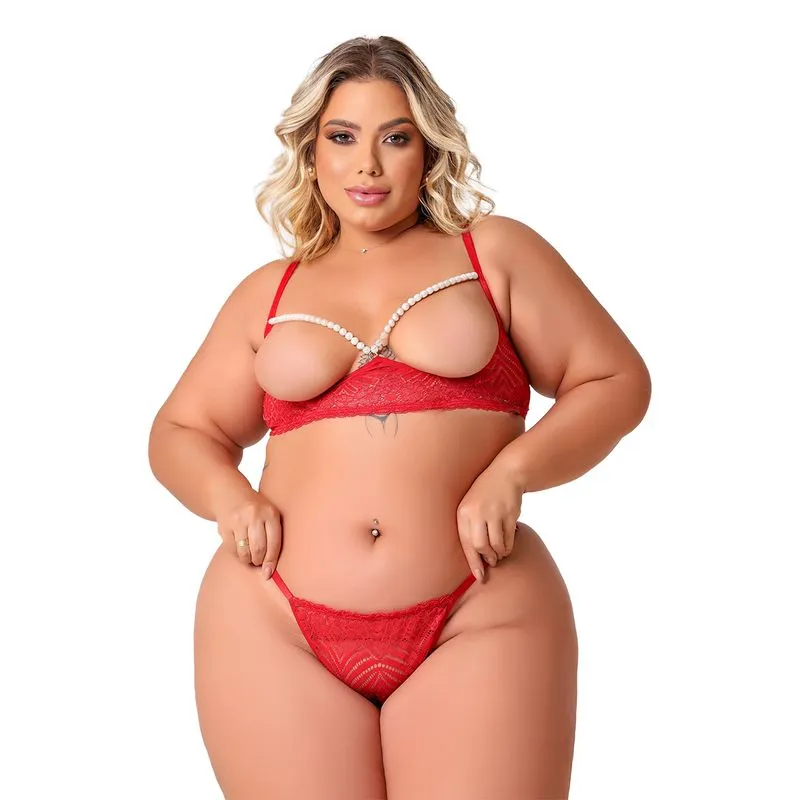 Conjunto Beije Tudo Plus Rendado com Pérolas Tallyta Moda Apimentada