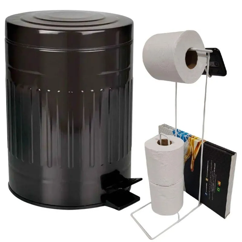 Lixeira Retro Preta 5 Litros Mor Com Suporte Para Papel Higiênico 3 Rolos Evald-branco