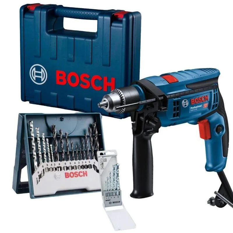 Furadeira De Impacto 1/2pol 750w Com Maleta Kit 5 Brocas E Estojo 15 Peças Bosch-220v