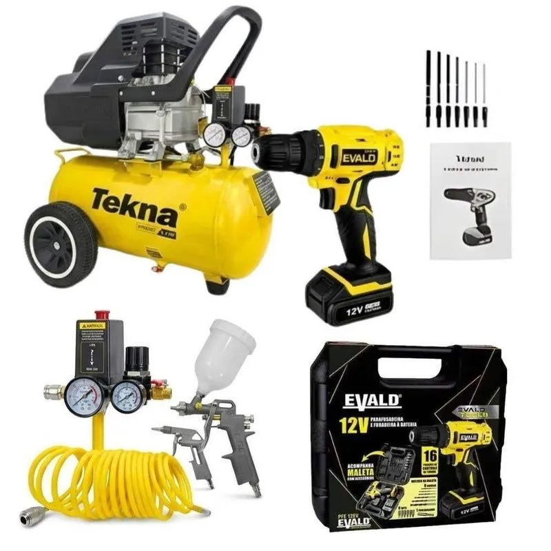 Compressor De Ar Com Kit 2,5hp 22l 220v E Parafusadeira 12v Bivolt Com Kit 13 Peças Tekna Evald