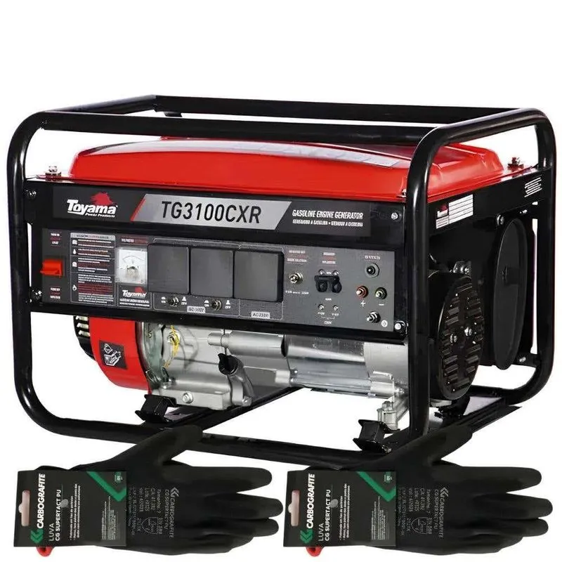 Gerador De Energia Gasolina 4t 3,2kva Bivolt Toyama Com 2 Luvas Cg Supertact Tamanho M Carbografite