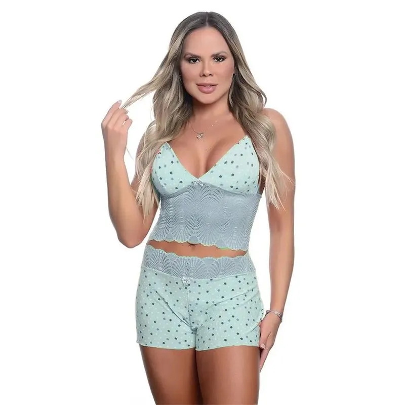 Baby Doll Eloá Estampa Variada com Renda Patitex