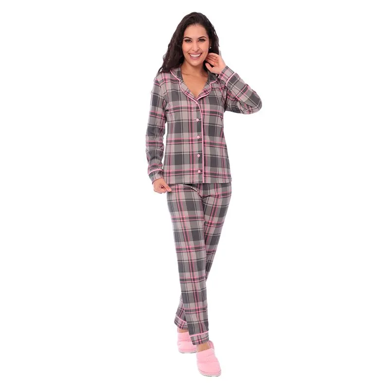 Pijama Longo Americano Feminino Pijama Print Americano Canelado Feminino com Manga Longa e Calça Coleção Inverno Victory