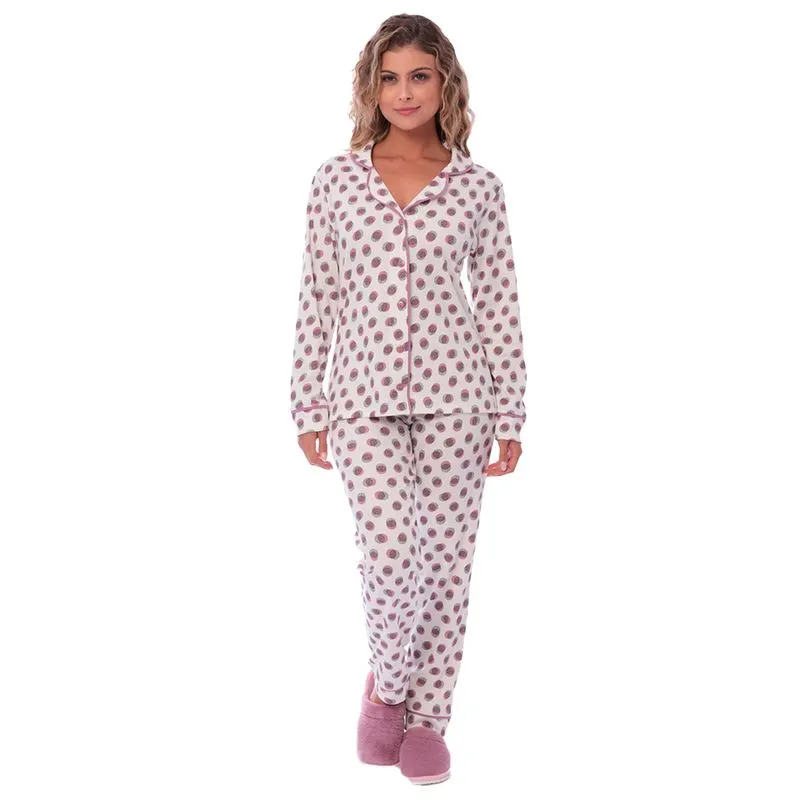 Pijama Longo Americano Feminino Pijama Print Americano Canelado Feminino com Manga Longa e Calça Coleção Inverno Victory