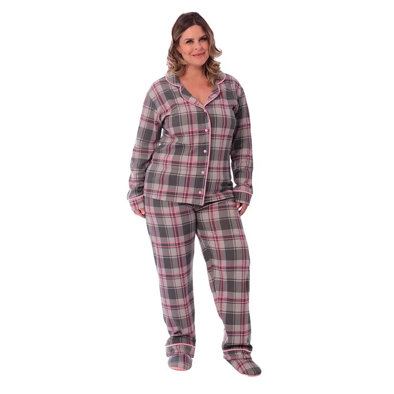 Pijama Longo Plus Size Americano Feminino Pijama Print Americano Canelado Feminino com Manga Longa e Calça Coleção Inverno Victory