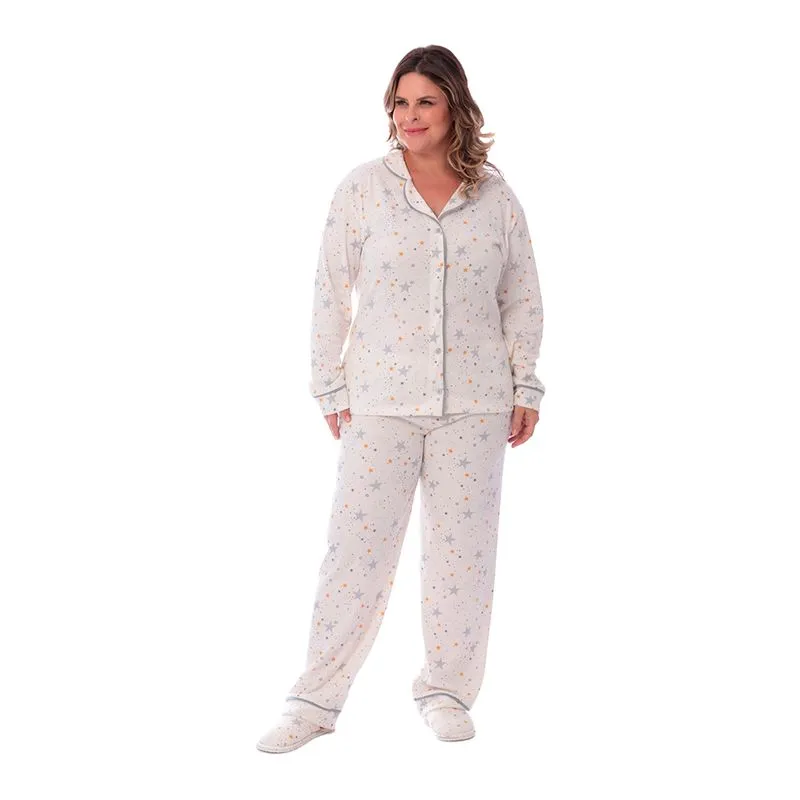 Pijama Longo Plus Size Americano Feminino Pijama Print Americano Canelado Feminino com Manga Longa e Calça Coleção Inverno Victory