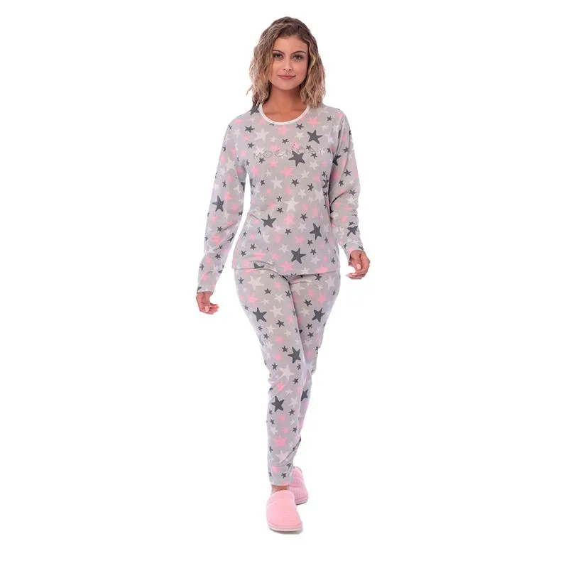 Pijama Aconchego Feminino Viscolycra com Manga Longa e Calça Estampada Victory