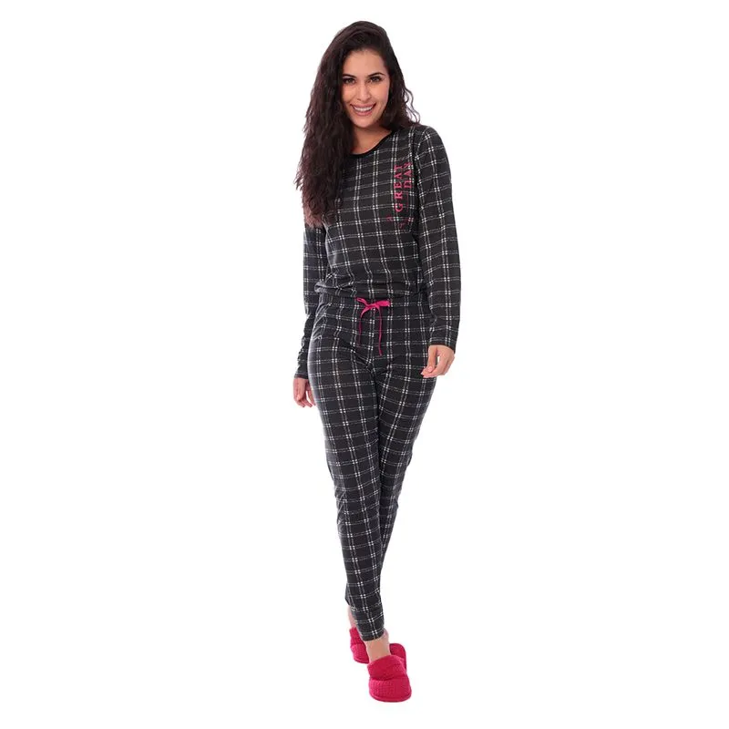 Pijama Aconchego Feminino Viscolycra com Manga Longa e Calça Estampada Victory