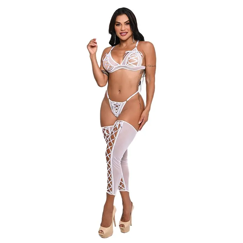 Conjunto Tule Liso com Passa Fita e Meias Yaffa Lingerie