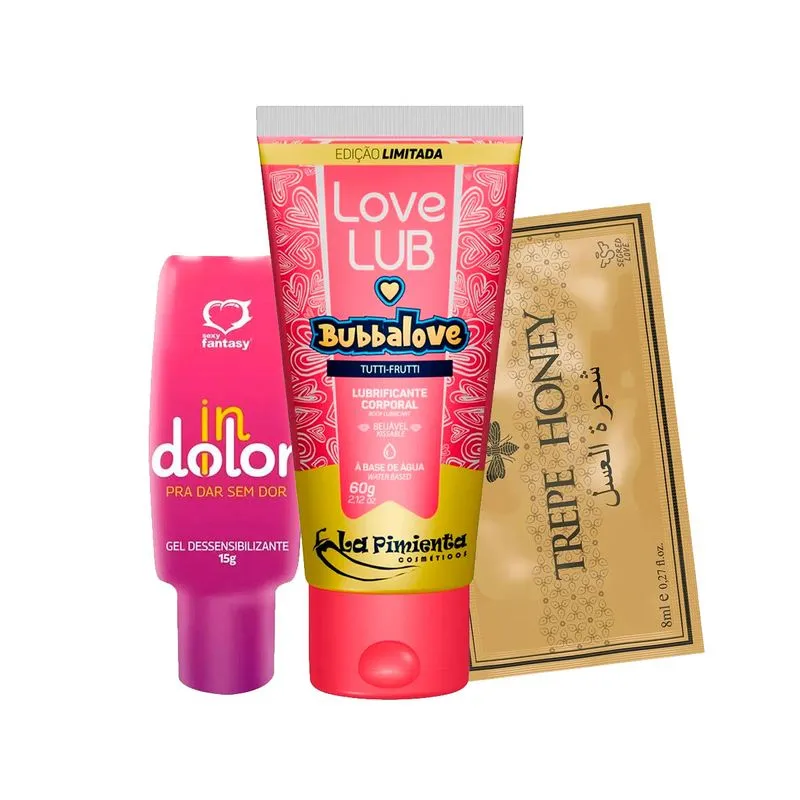 Kit com Love Lub Bubbalove InDolor Gel Dessensibilizante e Trepe Honey Estimulante Sexual