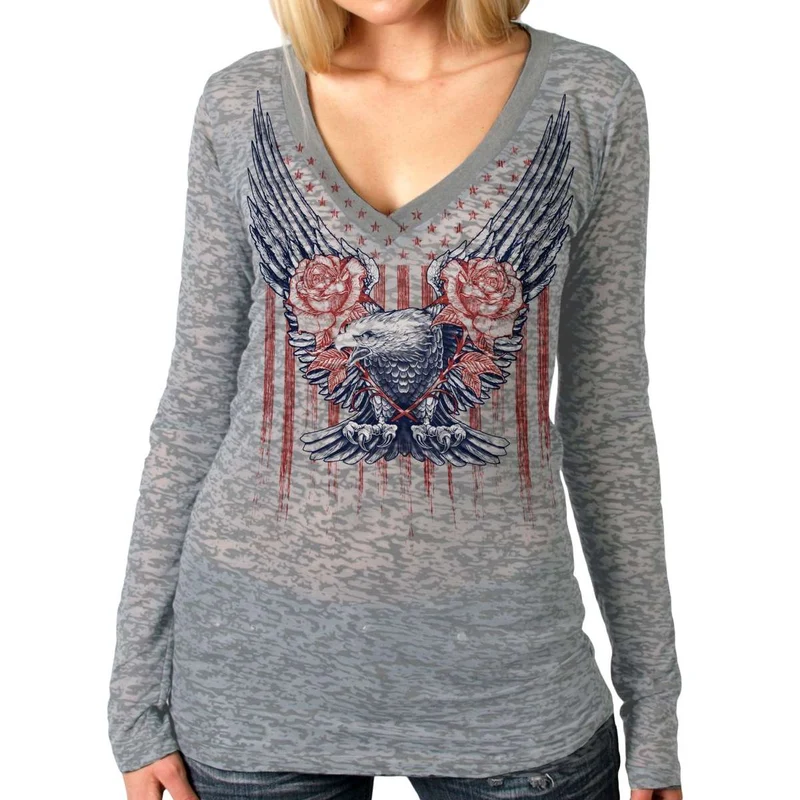 Hot Leathers Ladies Long Sleeve Burnout Up-Wing Eagle Shirt GLC3539 Silver / Small