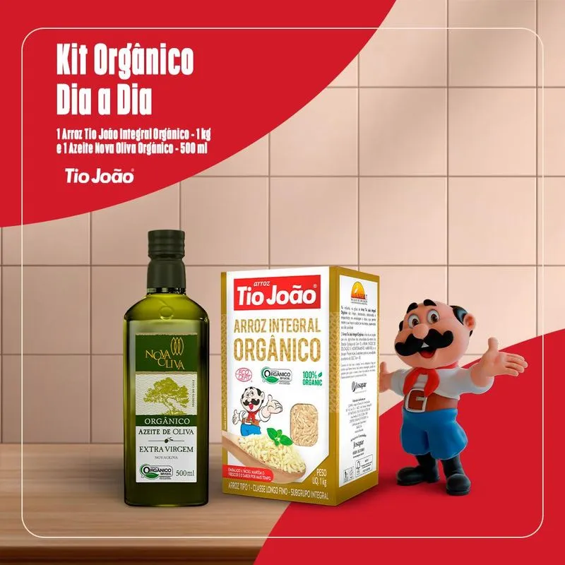 Kit Orgânico Dia A Dia - Arroz Integral Orgânico Tio João 1 Kg, 1 Azeite Nova Oliva Orgânico 500 Ml