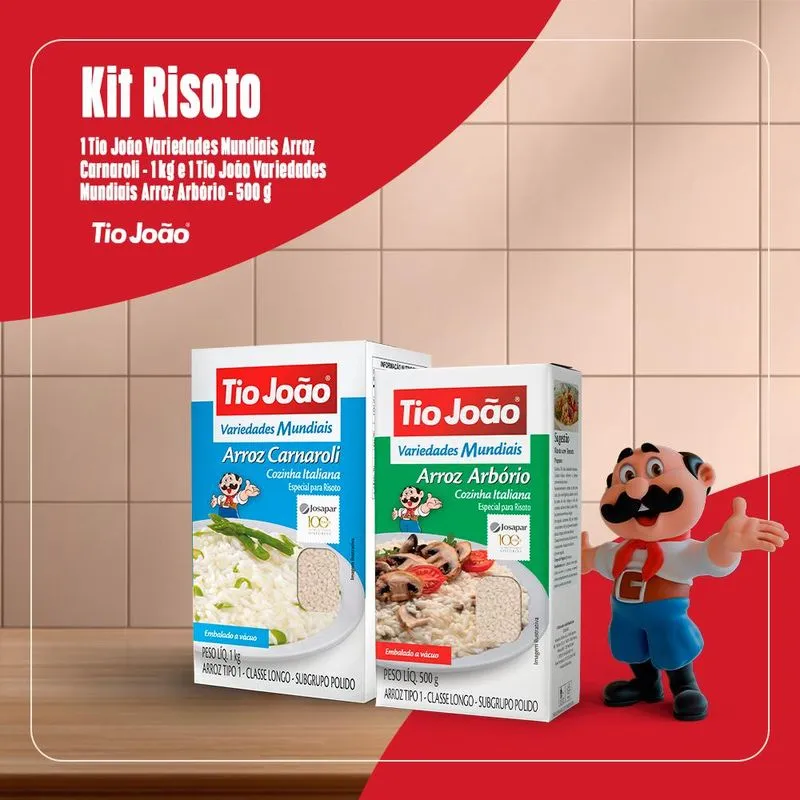Kit Risoto - 1 Arroz Tio João Variedades Mundiais Carnaroli 1 Kg, 1 Arroz Tio João Variedades Mundiais Arbório 500 G