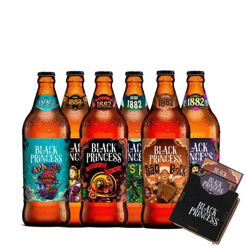 Kit 6 Cervejas Black Princess 600ml + Porta Copos c/ 6 peças
