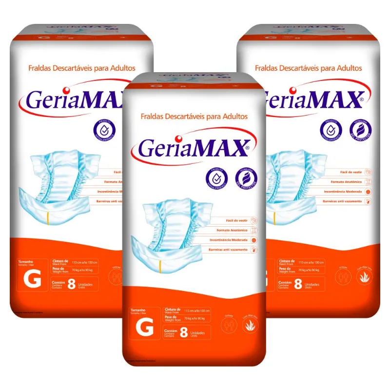 3 pacotes Fralda Geriamax G 8 un.