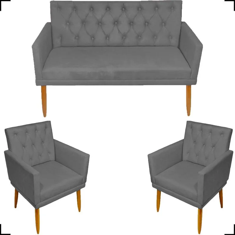 Kit Namoradeira Decorativa + 2 Poltronas Decorativas Cadeiras Para Recepção Nina Com Capitonê E Base Suede Cores Pé Castanho - Clique & Decore