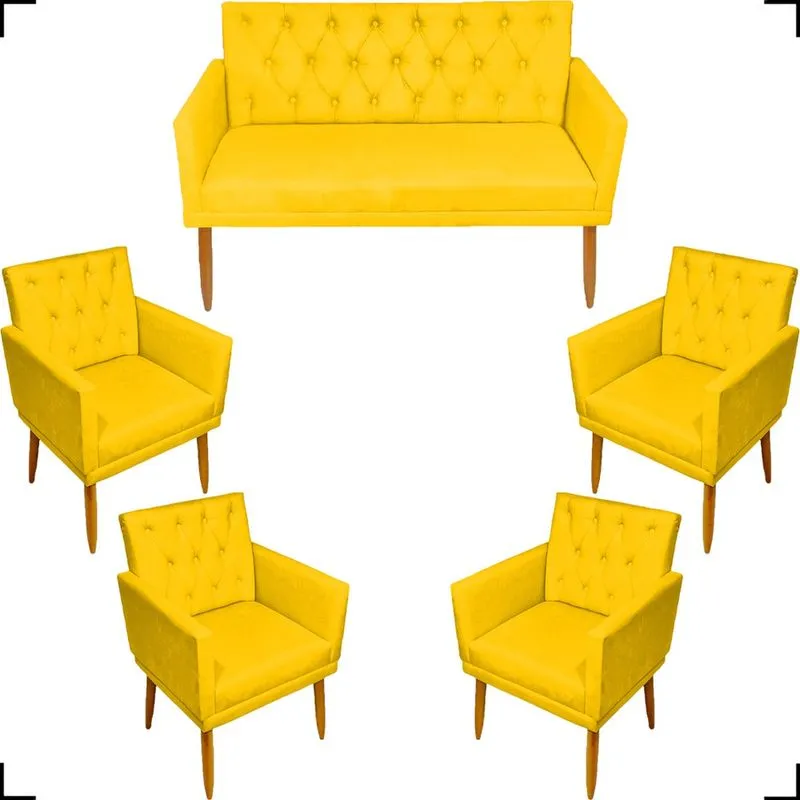 Kit Namoradeira Decorativa + 4 Poltronas Decorativas Cadeiras Para Recepção Nina Com Capitonê E Base Suede Cores Pé Castanho - Clique & Decore