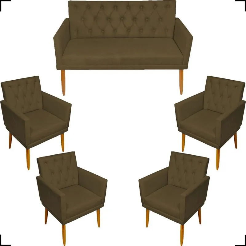 Kit Namoradeira Decorativa + 4 Poltronas Decorativas Cadeiras Para Recepção Nina Com Capitonê E Base Suede Cores Pé Castanho - Clique & Decore
