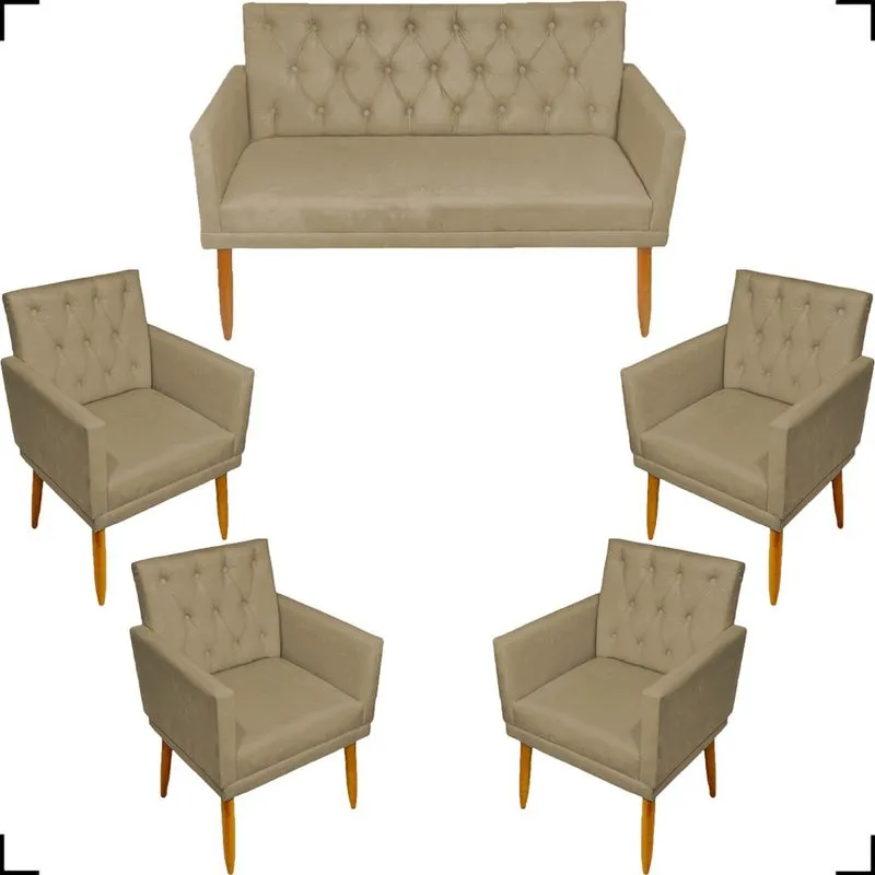 Kit Namoradeira Decorativa + 4 Poltronas Decorativas Cadeiras Para Recepção Nina Com Capitonê E Base Suede Cores Pé Castanho - Clique & Decore