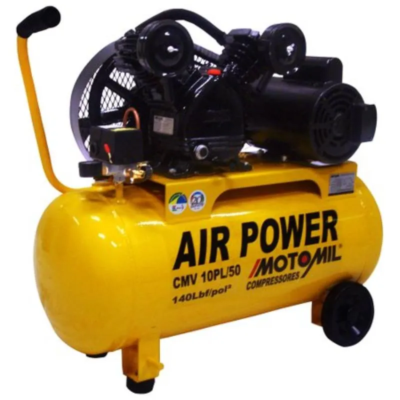 Compressor 10 Pés 2 Hp 50 Litros 2 Pistões Motor Mono C/ Rodas Bivolt Cmv 10pl/50 Motomil