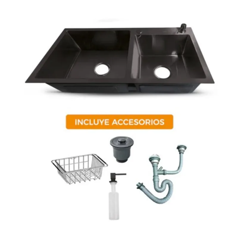 Lavadero premium De Acero Inox. Black Doble Poza CAcces. 78X43X23Cm Fratelli