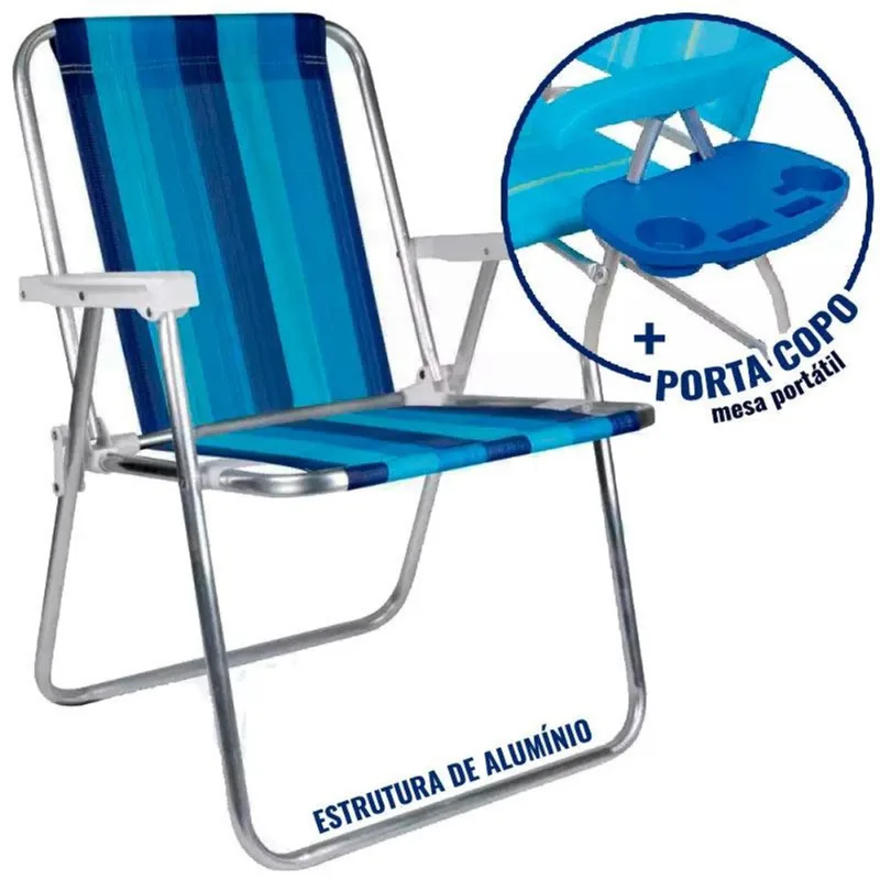 Cadeira de Praia Alta em Alumínio Cores Variadas 2101 + Mesa Portátil Porta Copos mor