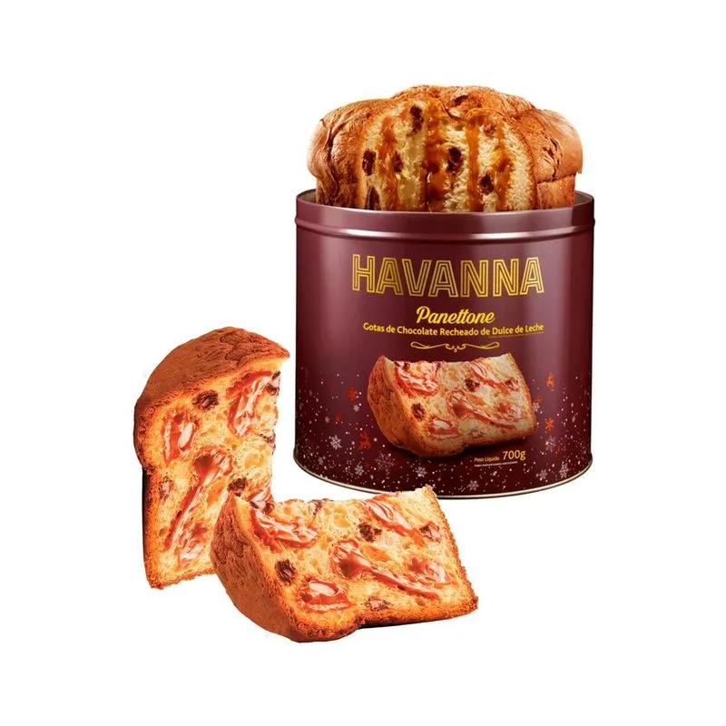 Panettone Havanna Lata Gotas de Chocolate Recheado Doce de Leite 700g