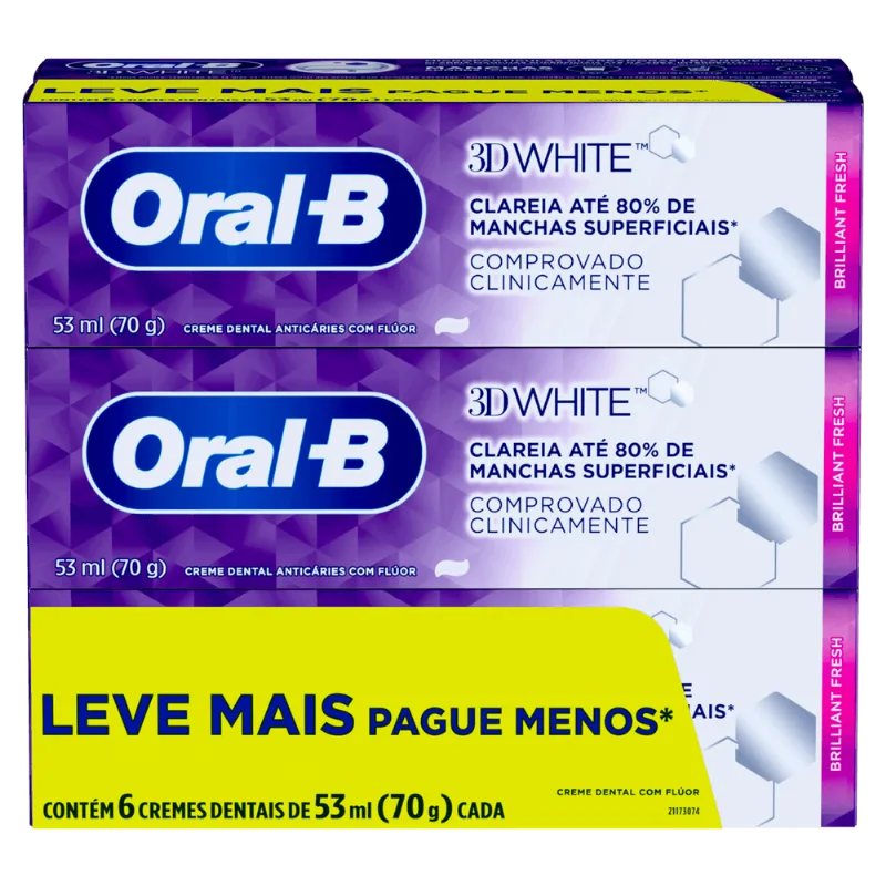 Creme Dental 3D White 6x70g Brilliant Fresh Oral-B Pack Creme Dental Oral-B 3D White Brilliant Fresh - 6 Unidades de 70g com 70g