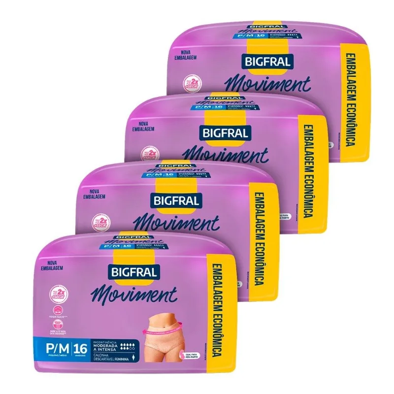 Roupa Íntima Descartável Adulto Feminina Bigfral Moviment - 4 Pacotes Com 16 Fraldas - Total 64 Tiras