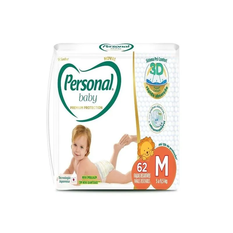 Fralda Descartável Personal Premium Hiper Tamanho M - 4 Pacotes Com 62 Fraldas - Total De 248 Tiras