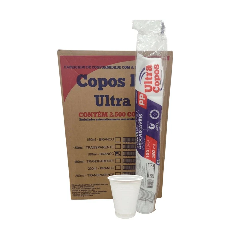 Copo Descartável Branco 180ml PP Caixa com 2.500 unidades Ultra Copos Replast