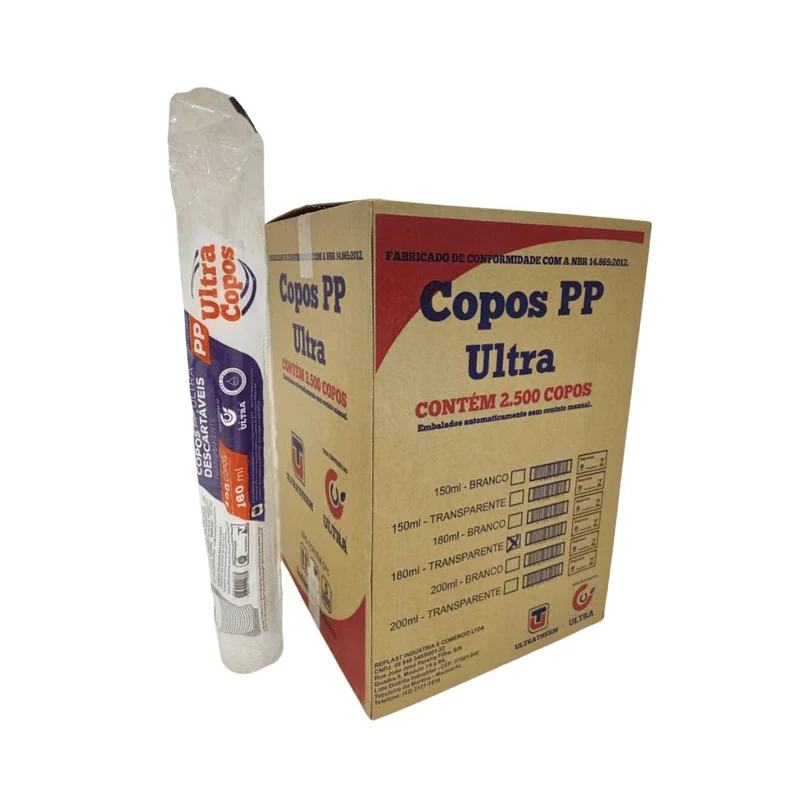 Copo Descartável PP 180ml Transparente Caixa com 2.500 Unidades Ultra