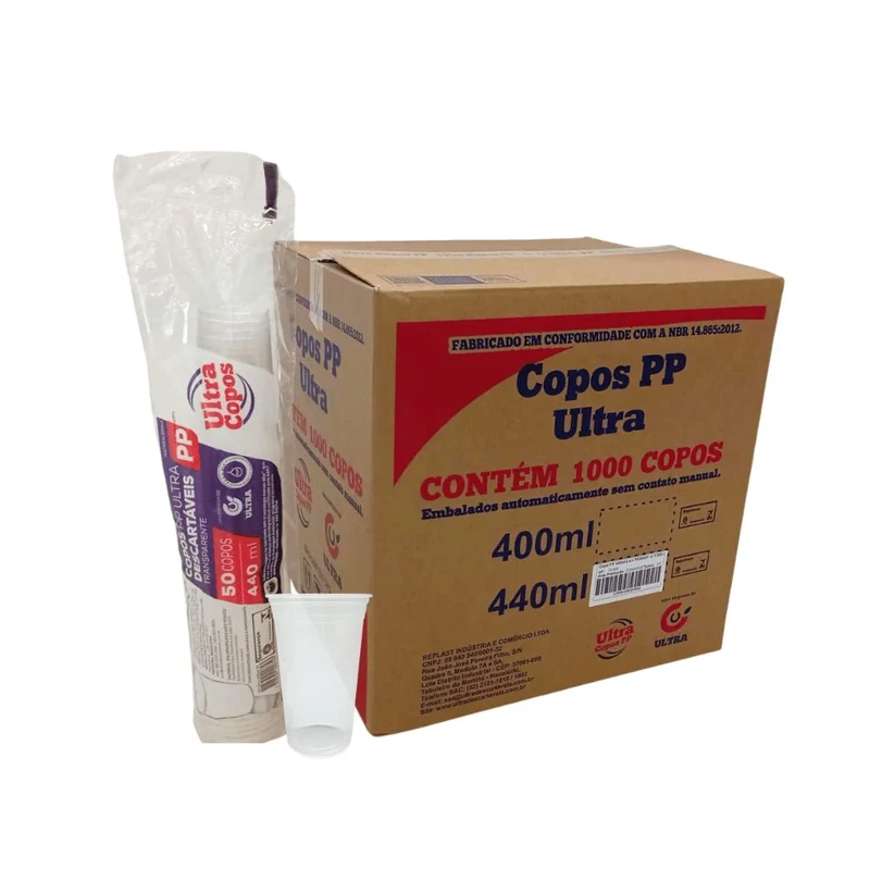 Copo Descartável PP 440ml Liso Transparente Caixas com 1.000 Unidades Ultra Copos Replast