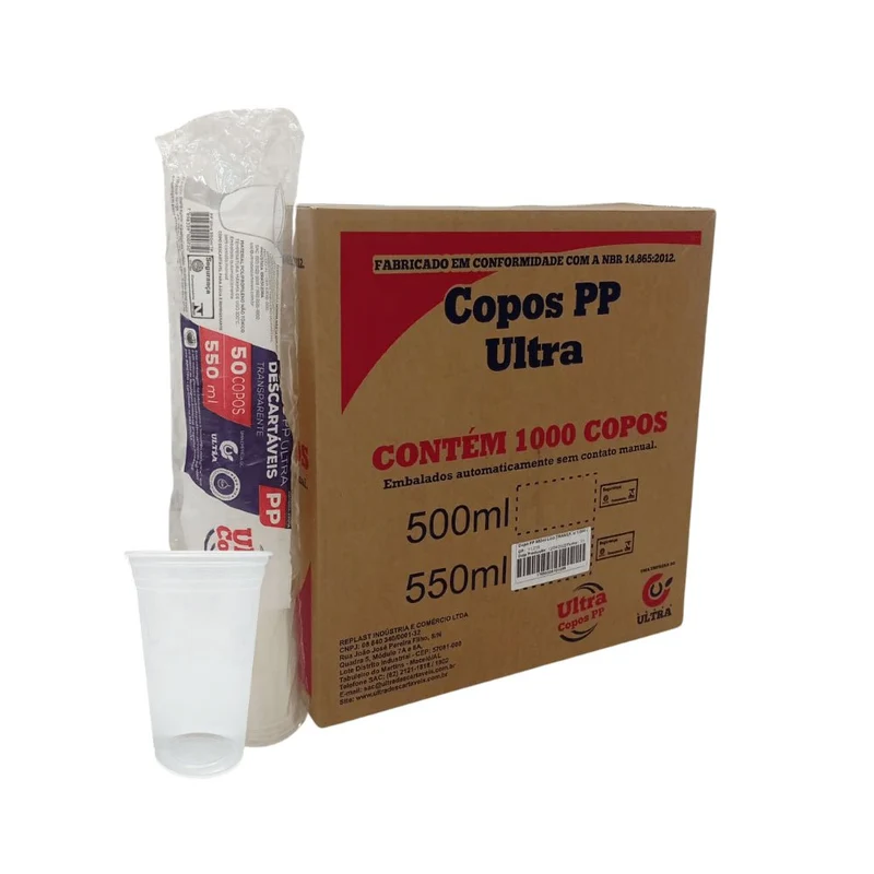 Copo Descartável PP 550ml Liso Transparente Caixa com 1.000 Unidades Ultra Copos Replast