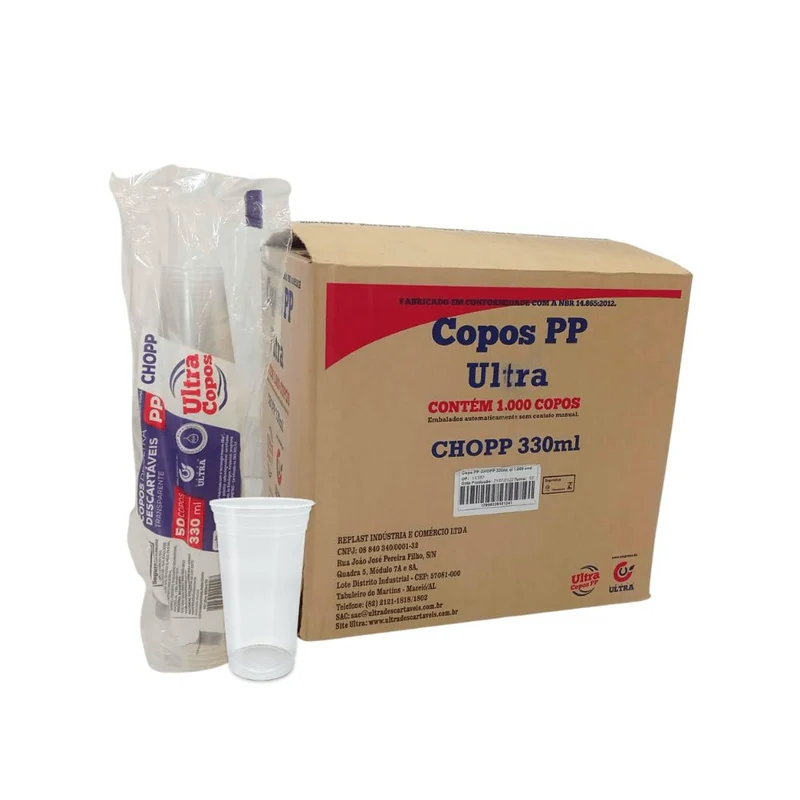 Copo Descartável de 330ml Liso Transparente PP Ultra Copos Replast com 1.000 unidades