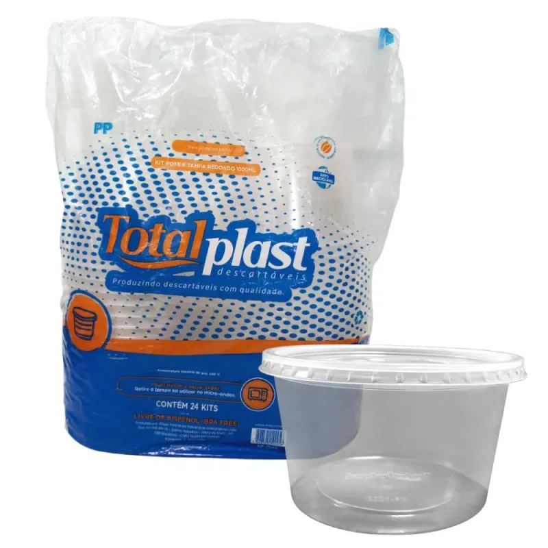 KIT POTE E TAMPA 1000ML REDONDO PP 8X24