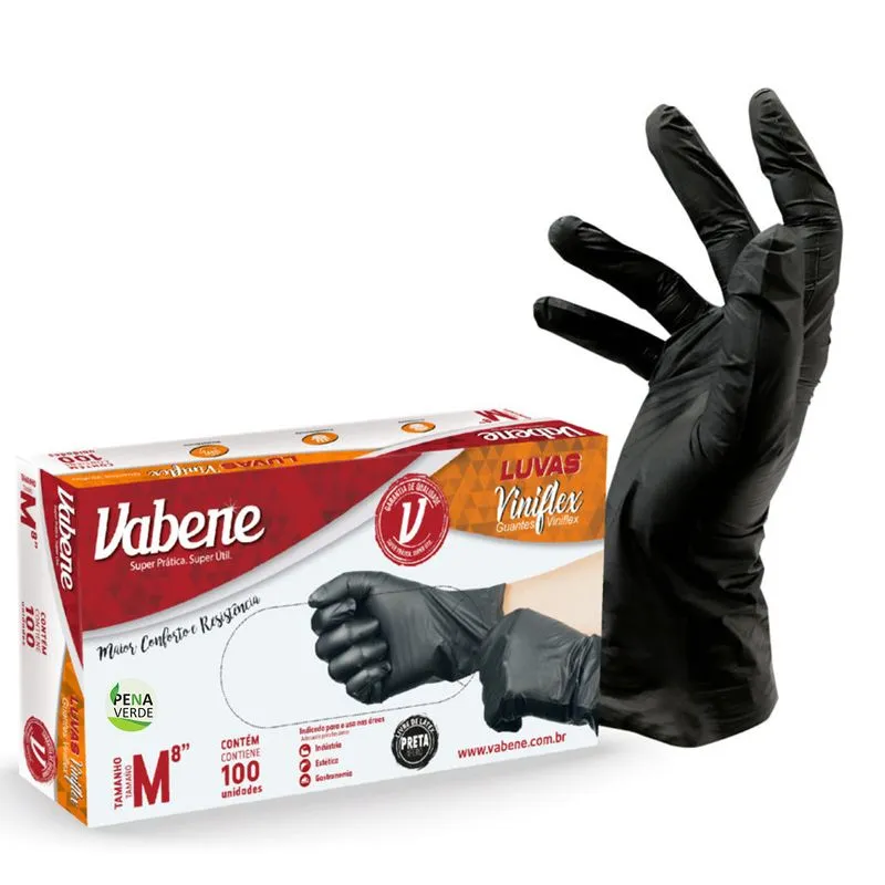 Luva Viniflex 10 Caixas X 100 Unidades Preta Descartável Vabene Proteção - Kit 1000 Unidades