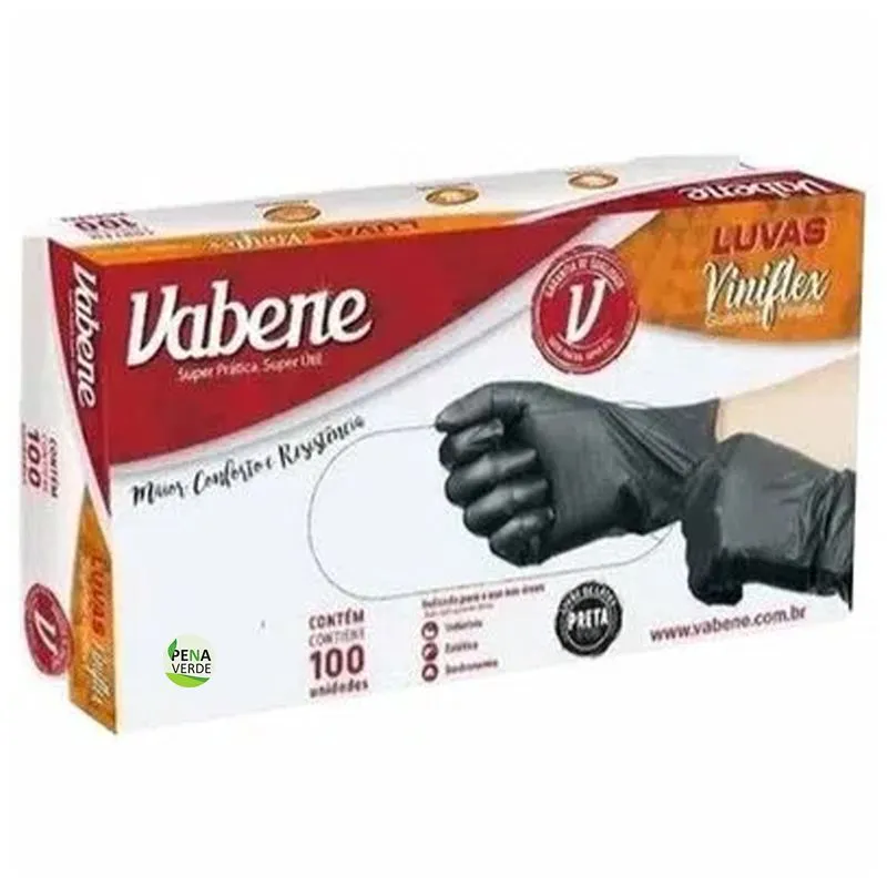 Luva Viniflex 10 Caixas X 100 Unidades Preta Descartável Vabene Proteção - Kit 1000 Unidades