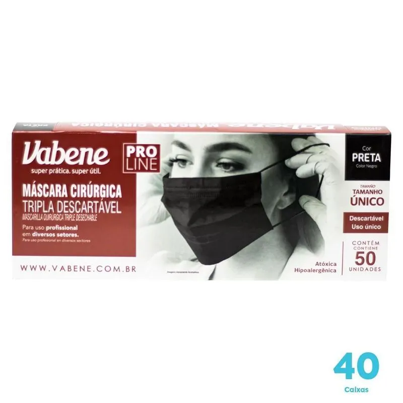 Kit 40 Cx Máscara Cirúrgica Preta Vabene 50un -2000 Mascaras