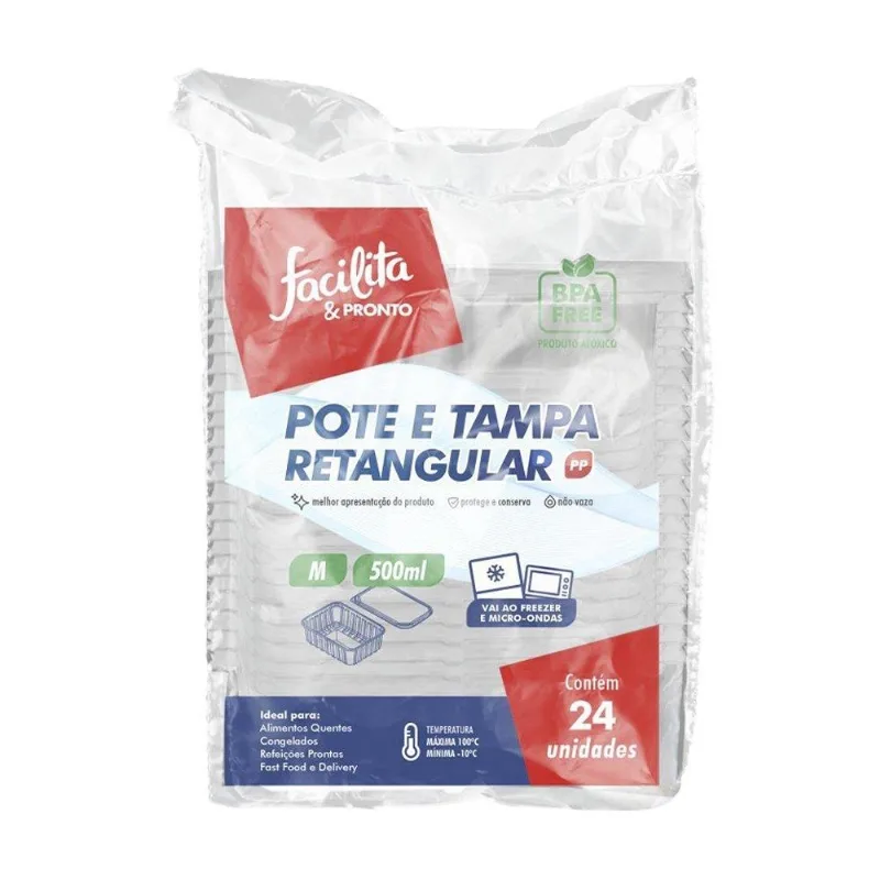 Pote Retangular Facilita & Pronto Transparente Pp Com Tampa 500ml - 6 Embalagens Com 24 Unidades