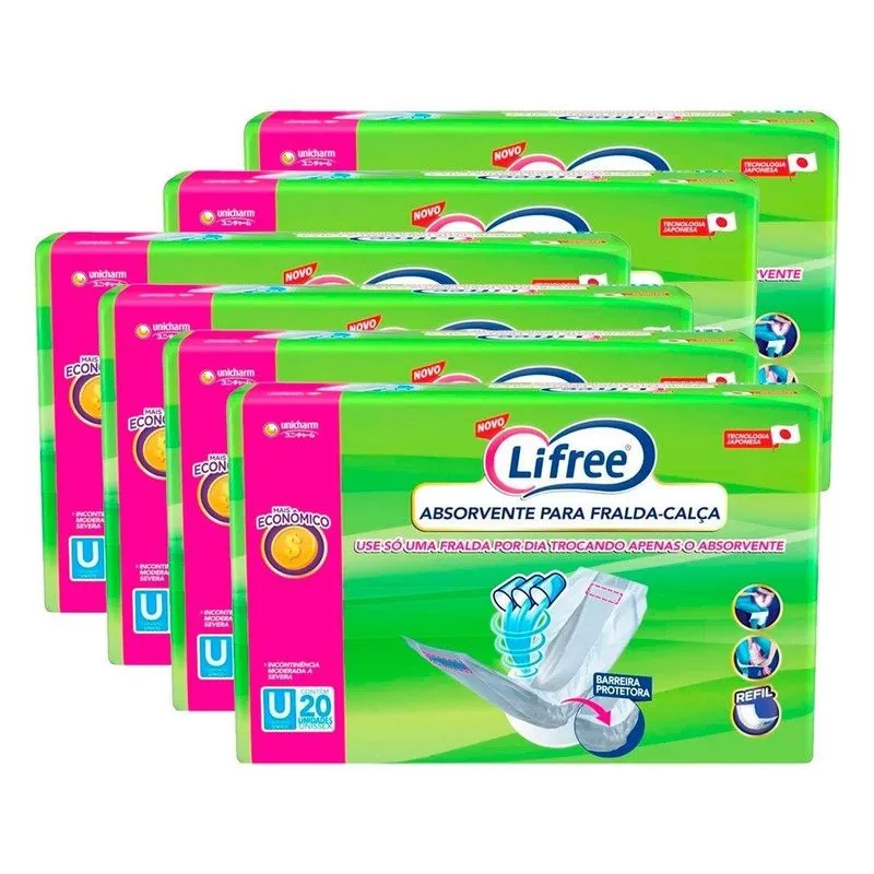Absorvente Geriátrico Lifree para Fralda Calça Refil 6 Embalagens com 20 Unidades