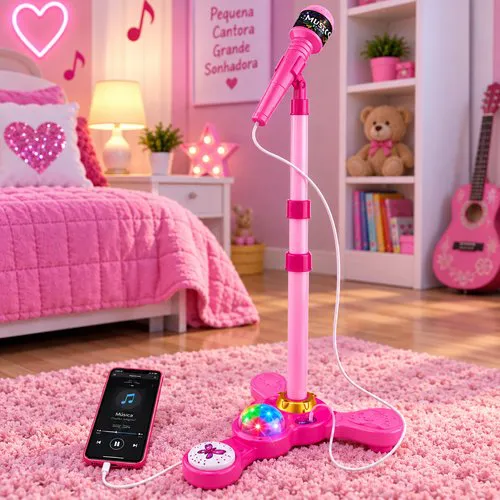 Microfone Infantil com Pedestal Karaokê MP3 - Rosa