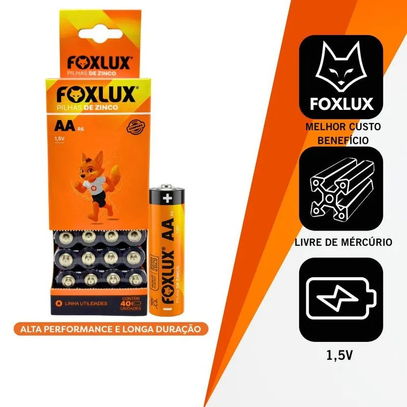 Pilha AA Zinco Foxlux R6 1,5V Kit com 40 Unidades Pilha AA Zinco Foxlux R6 1,5V 40 Unidades